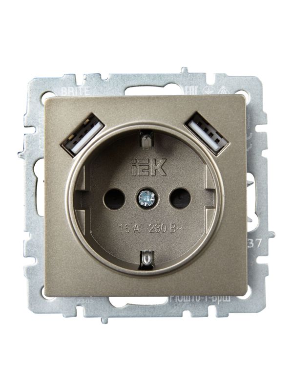 Розетка BRITE РЮш10-1-БрШ 16А с USB A+A 2.1А с заземл. защ. шторки механизм шампань IEK BR-R14-16-U21-D21-K37
