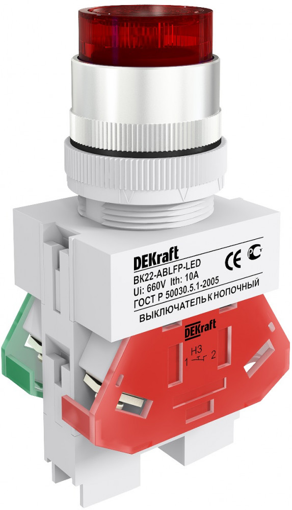 DEKraft Выключатель кноп. с фикс. ABFP D22 кр. LED 220В ВK-22