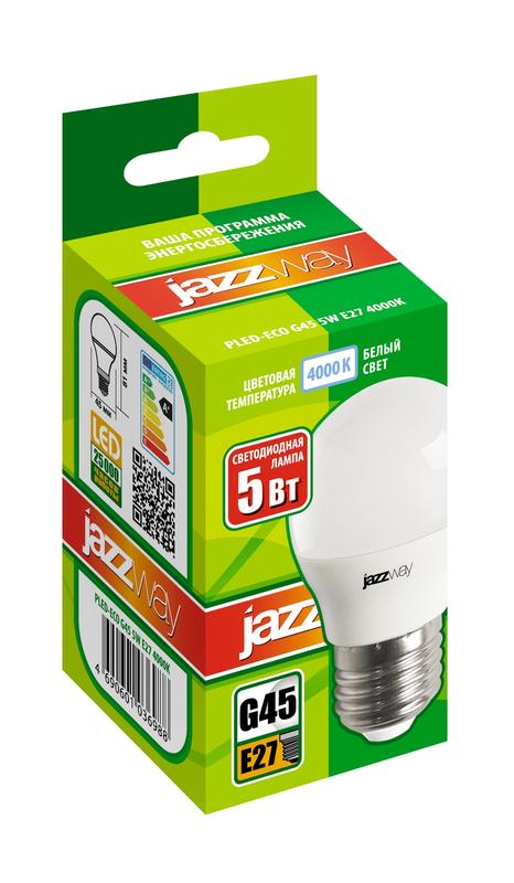 Лампа светодиодная PLED-ECO-G45 5Вт шар 4000К бел. E27 400лм 220-240В JazzWay 1036988A
